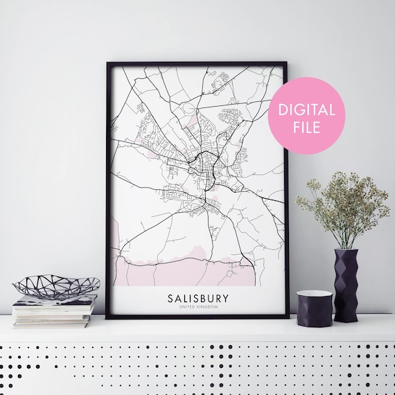 Salisbury United Kingdom Detailed City Map Digital File Poster
