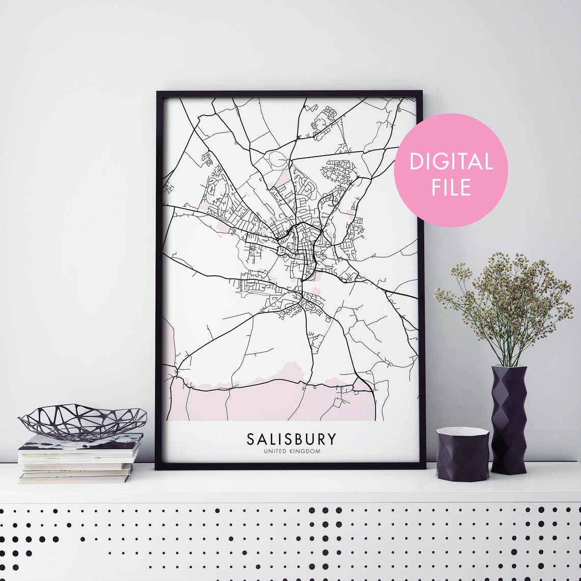 Salisbury United Kingdom Detailed City Map Digital File Poster
