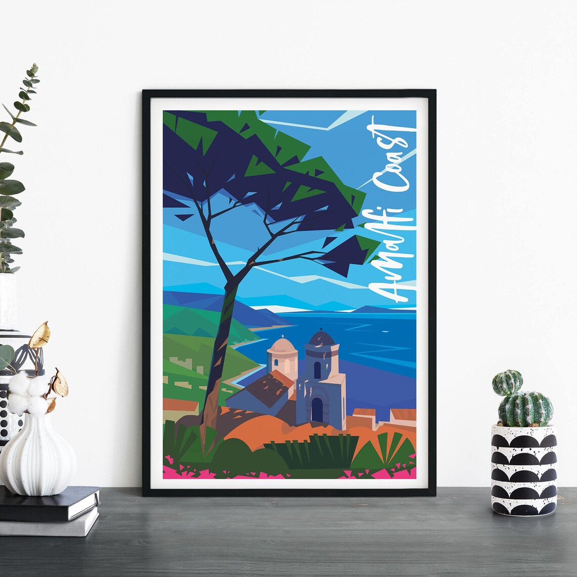 Amalfi Coast Stone Pine Domed Church Blue Sea Coast Travel Poster