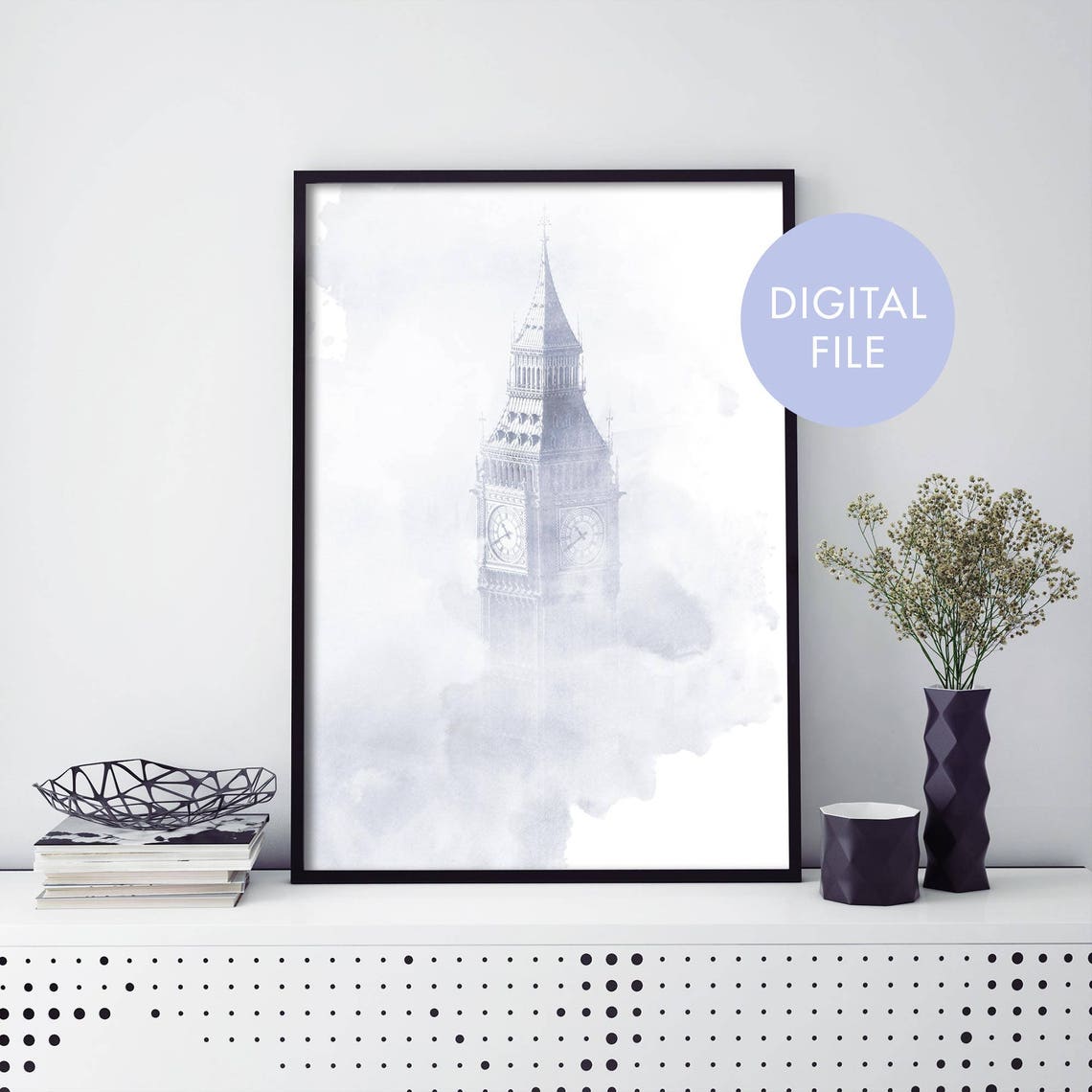 Big Ben London Misty Monochrome Watercolour Fog Travel Poster