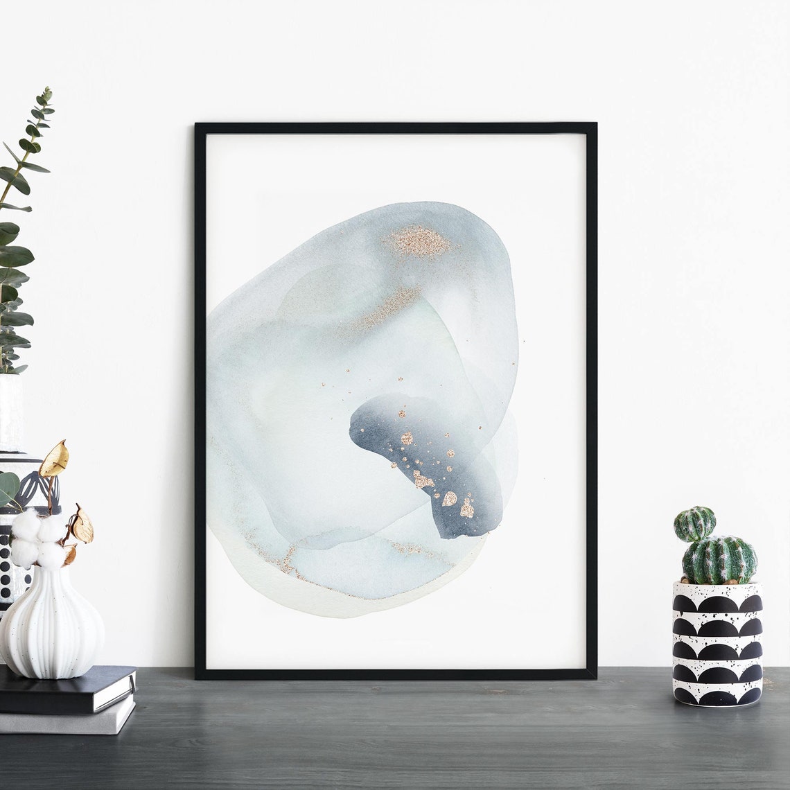 Pale Grey Watercolour Pebble With Gold Flecks Abstract Poster