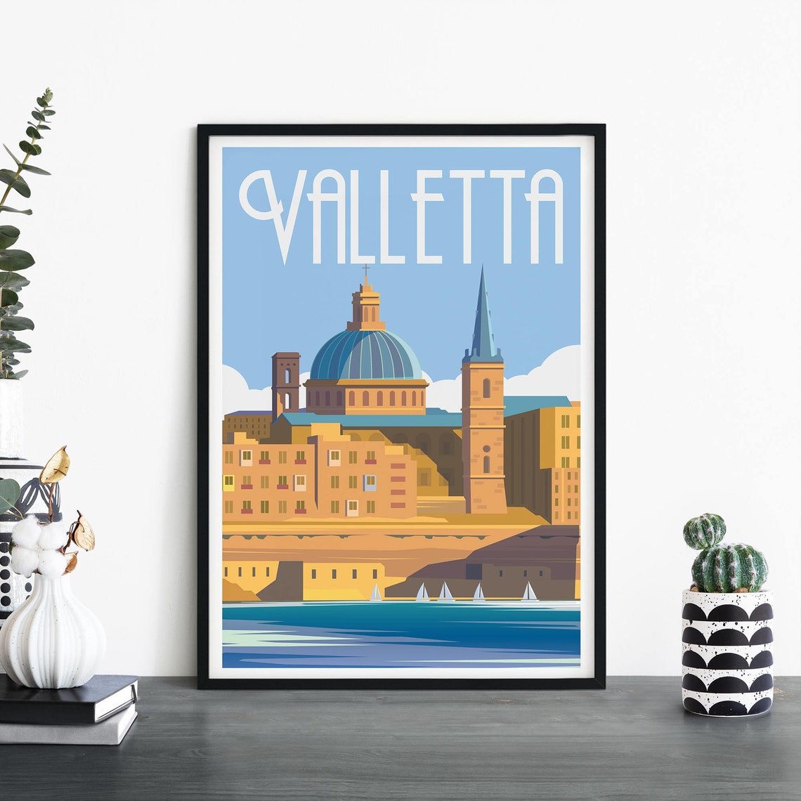 Valletta Harbor and Basilica Dome Illustrated Travel Poster Malta