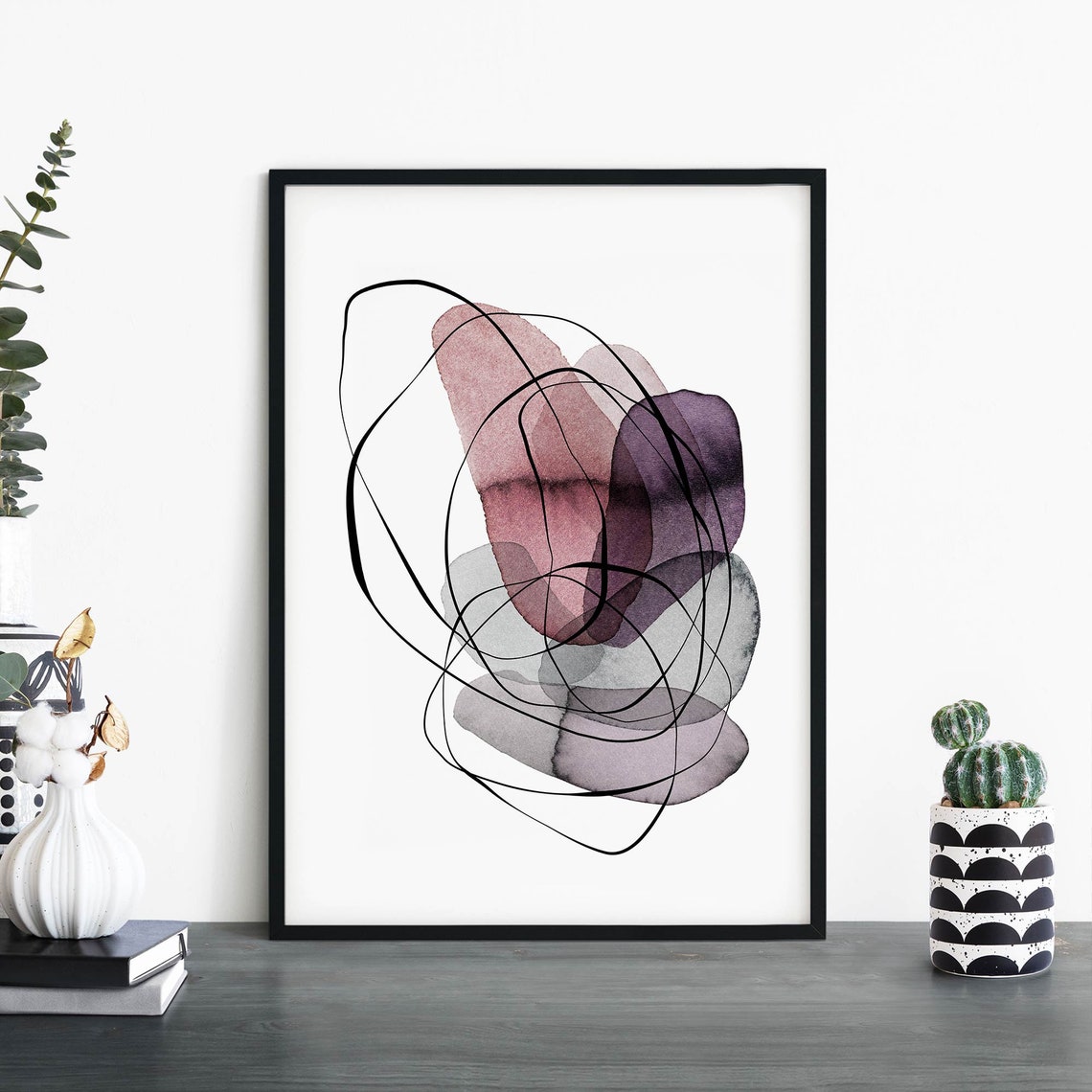 Purple Grey Watercolor Pebbles with Black Line Swirls Abstract Poster