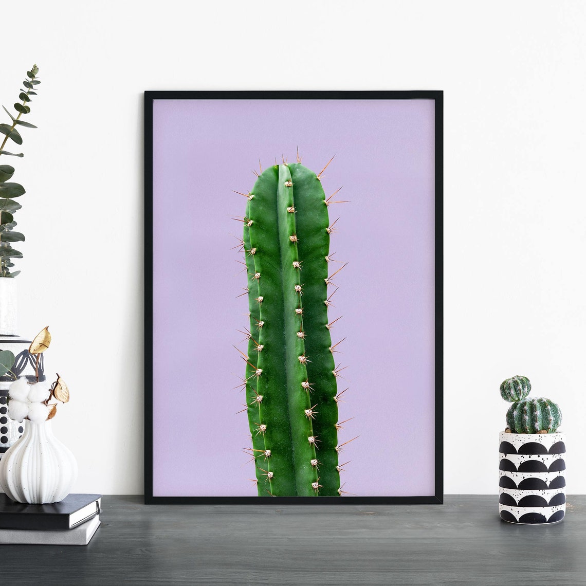 Green Columnar Cactus On Lavender Background Minimal Plant Art Poster