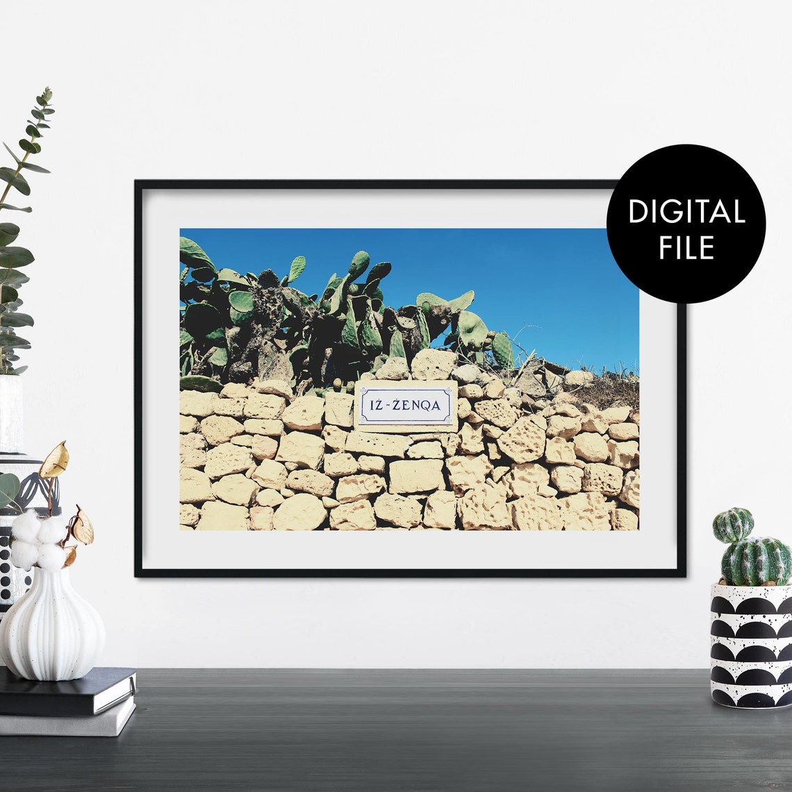 Maltese Prickly Pear Cactus Wall Blue Sky Mediterranean Travel Poster