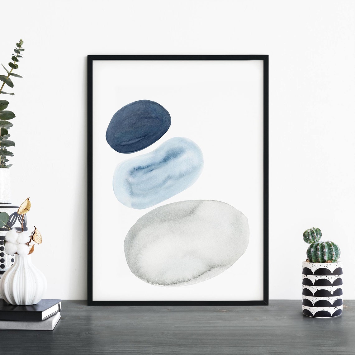 Navy Blue Grey Watercolor Pebbles Abstract Minimalist Decor Poster