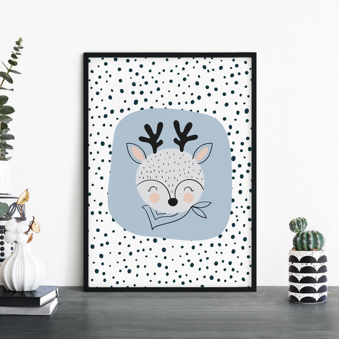 Cute Smiling Deer on Polka Dot Pattern Kids Nursery Animal Wall Art