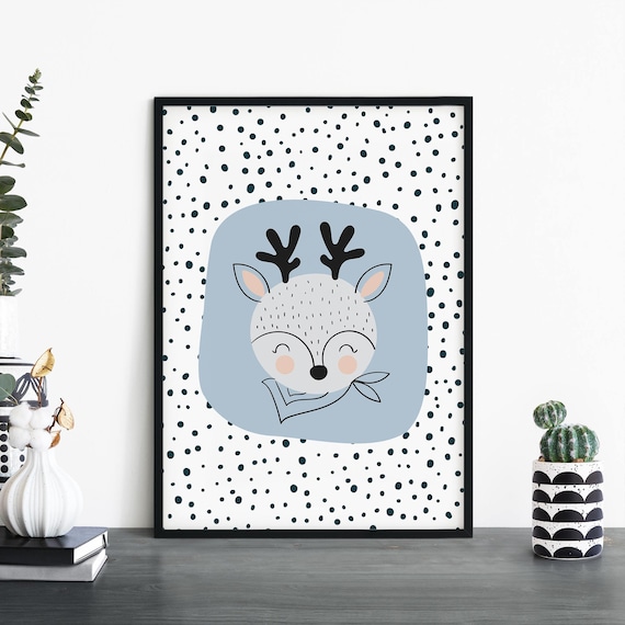 Cute Smiling Deer on Polka Dot Pattern Kids Nursery Animal Wall Art