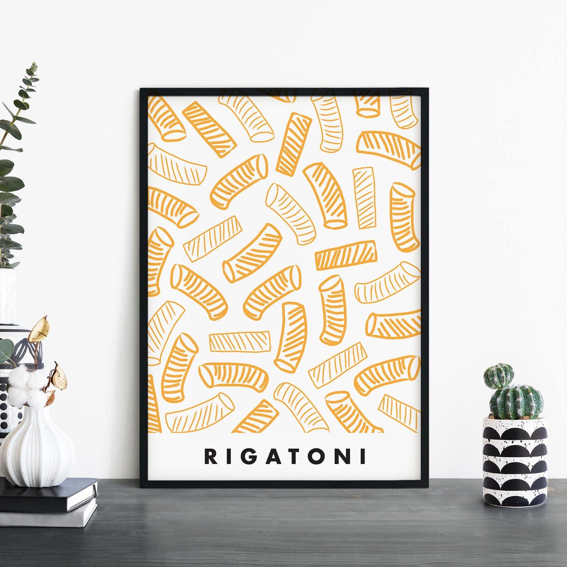 Rigatoni Pasta Pattern Mustard Yellow Kitchen Food Illustration Poster