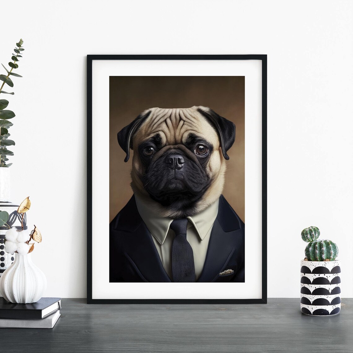 Pug Wearing a Dark Suit Portrait Funny Business Dog Humor Poster