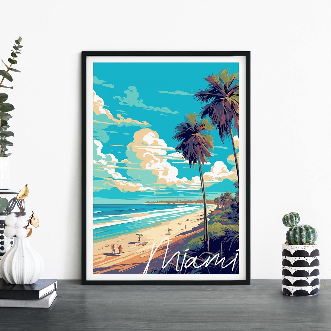 Miami Florida Beach Palms Vintage Illustrated Coastal Travel Poster
