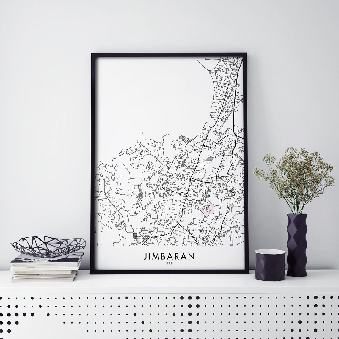 Jimbaran Bali Minimalist Street Map Black White Travel Poster