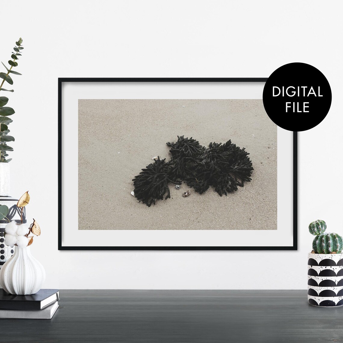 Dark Seaweed on Pale Sand Minimalist Coastal Photo Art Print
