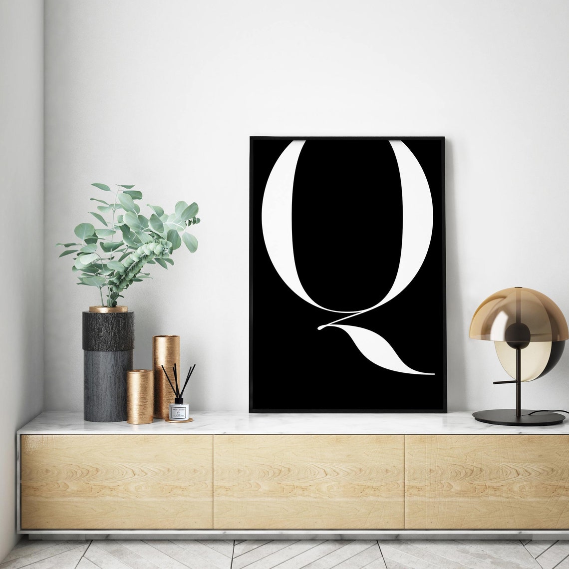 Letter Q Monogram White On Black Modern Serif Typography Wall Poster