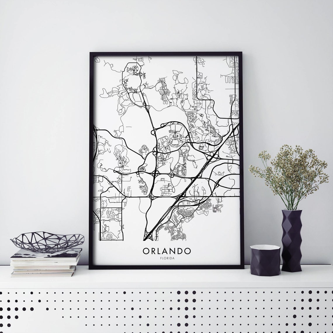 Orlando Florida Black and White City Street Map Art Travel Poster
