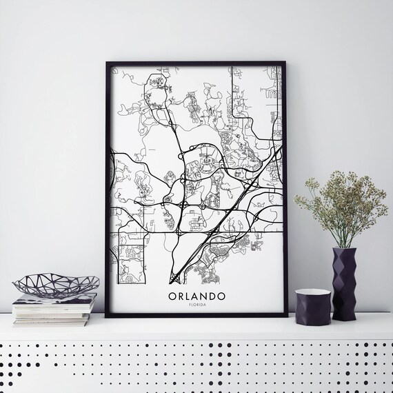Orlando Florida Black and White City Street Map Art Travel Poster