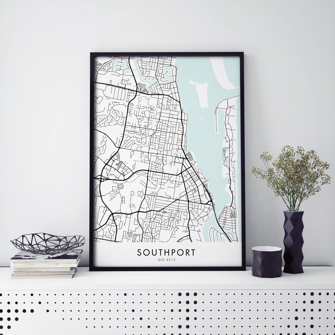 Southport QLD 4215 Minimalist Black And White City Map Art Poster