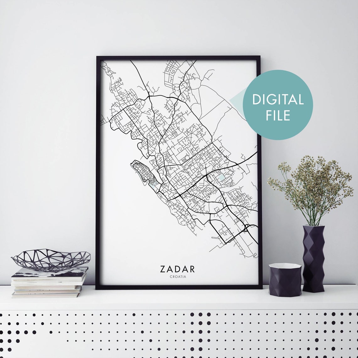 Zadar Croatia Minimalist Coastal City Street Grid Travel Map Poster