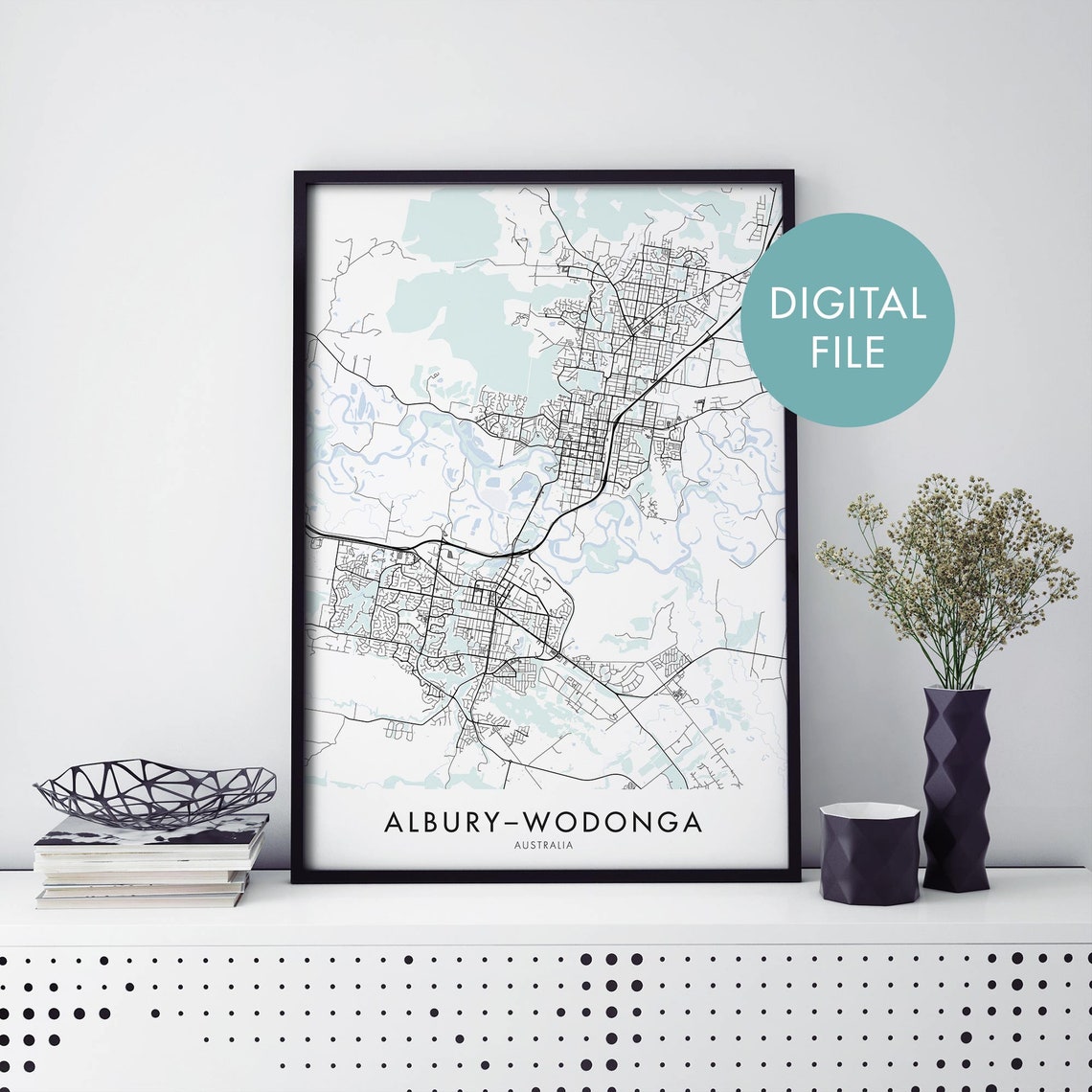 Albury Wodonga Australia Minimalist Street Map Blue Water City Poster