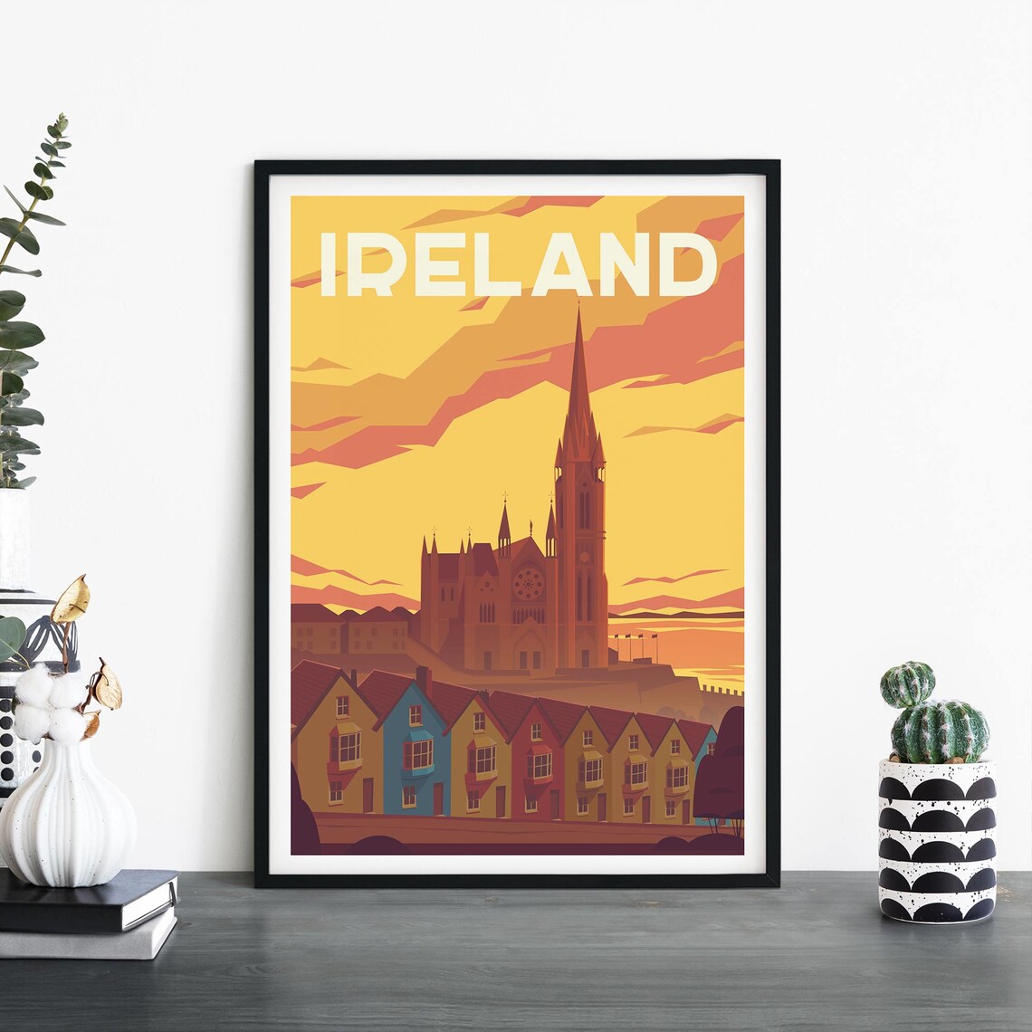 Ireland Colorful Row Houses Church Spire Sunset Travel Poster