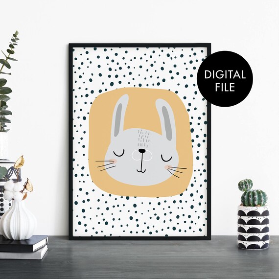 Sleepy Bunny Face on Polka Dot Background Kids Nursery Wall Art