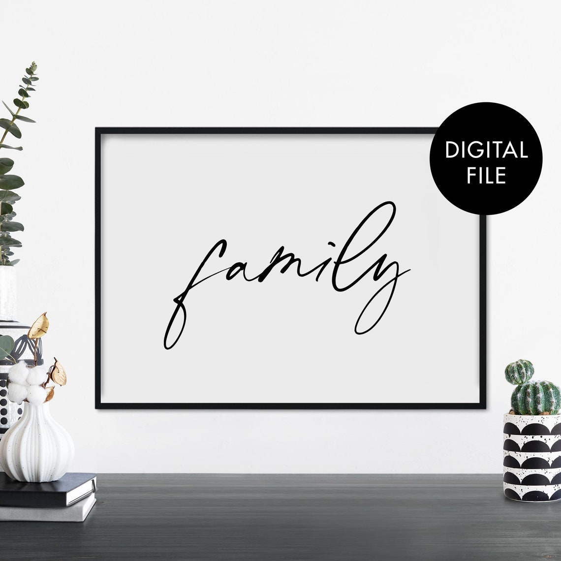 Family Calligraphy Word Modern Black White Typography Wall Poster