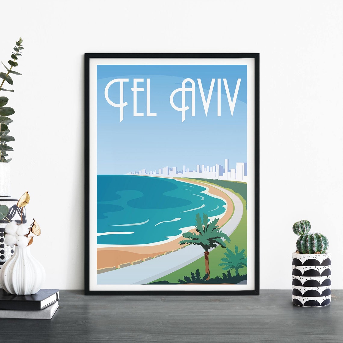 Tel Aviv Beach and Skyline Illustrated Travel Poster with Palm Trees