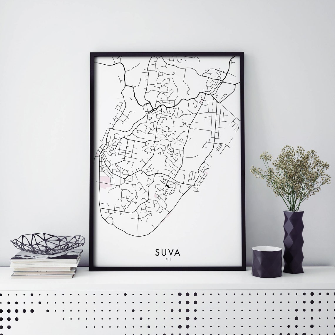 Suva Fiji Minimalist Line City Map Black Frame Decor Art Poster