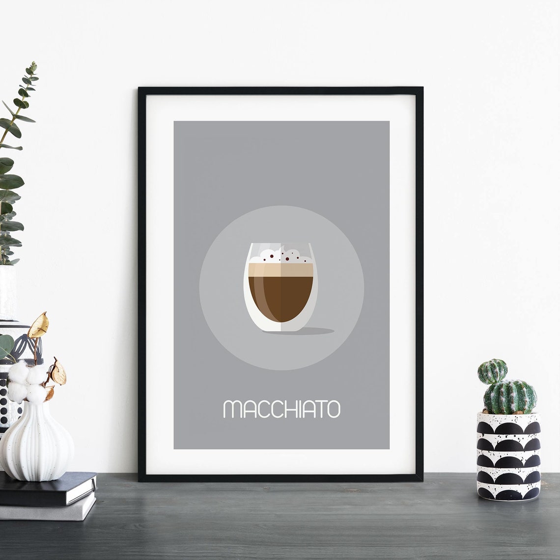 Macchiato Coffee Minimalist Glass Cup Grey Poster for Kitchen Decor