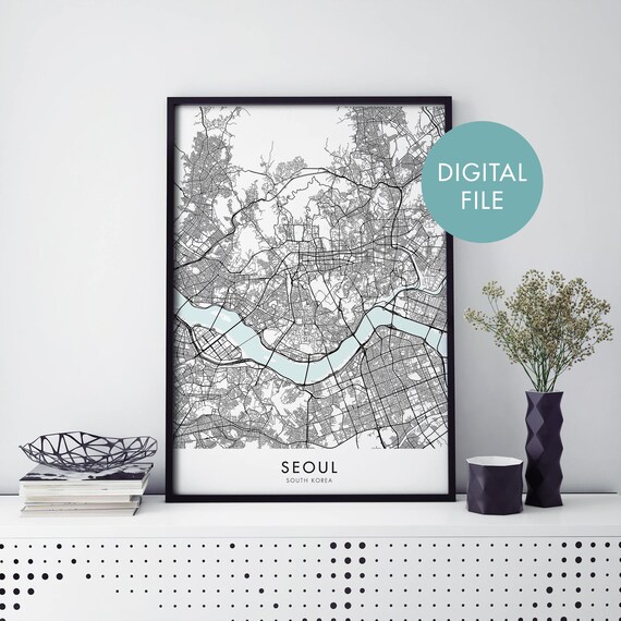 Seoul South Korea Detailed City Map Black And White Digital Print