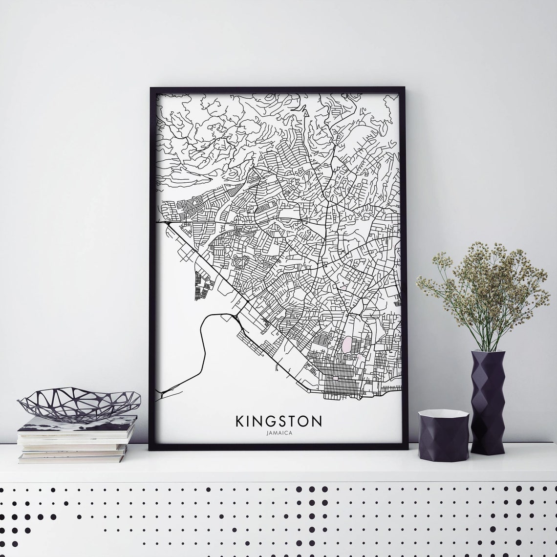 Kingston Jamaica Minimalist City Street Map Black White Poster