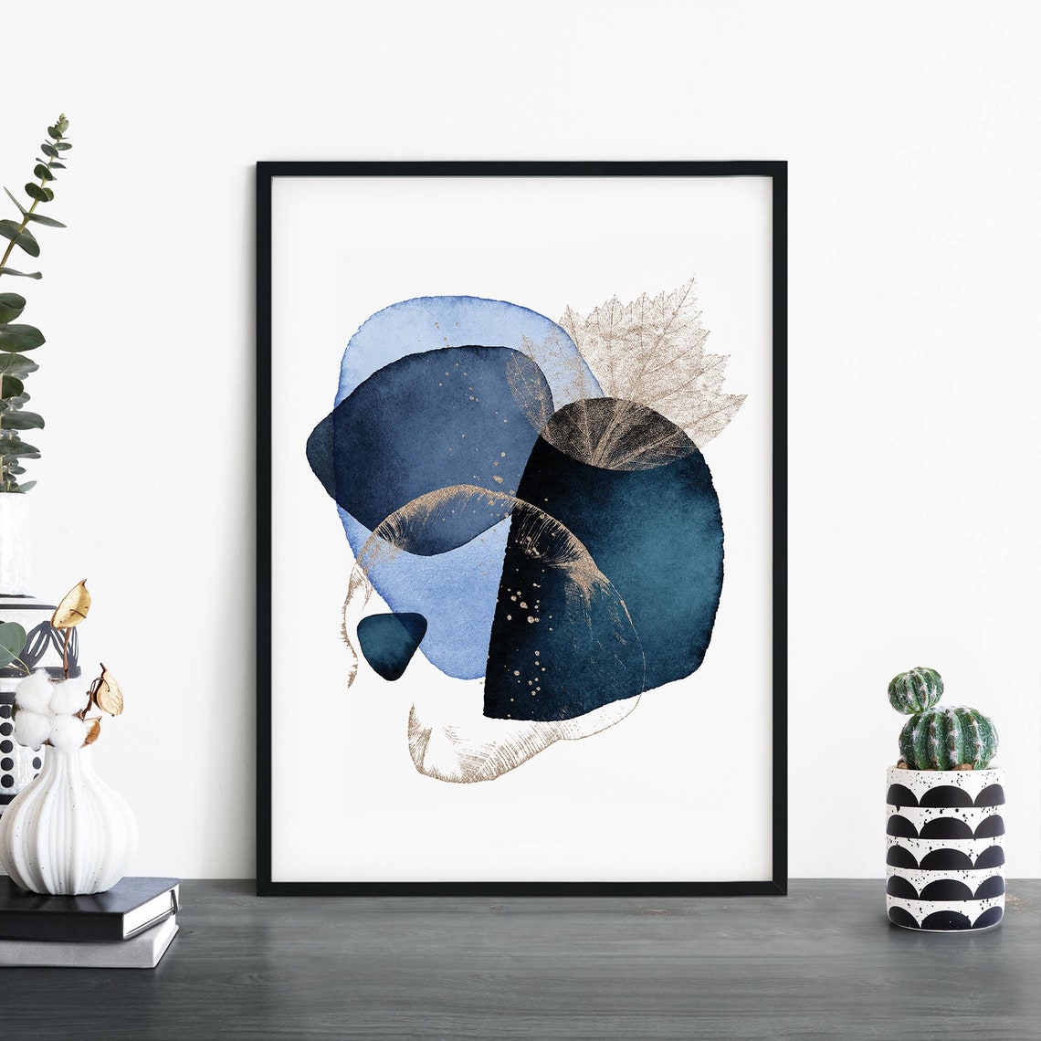 Navy Blue Gold Leaf Abstract Watercolor Minimal Decor Art Poster