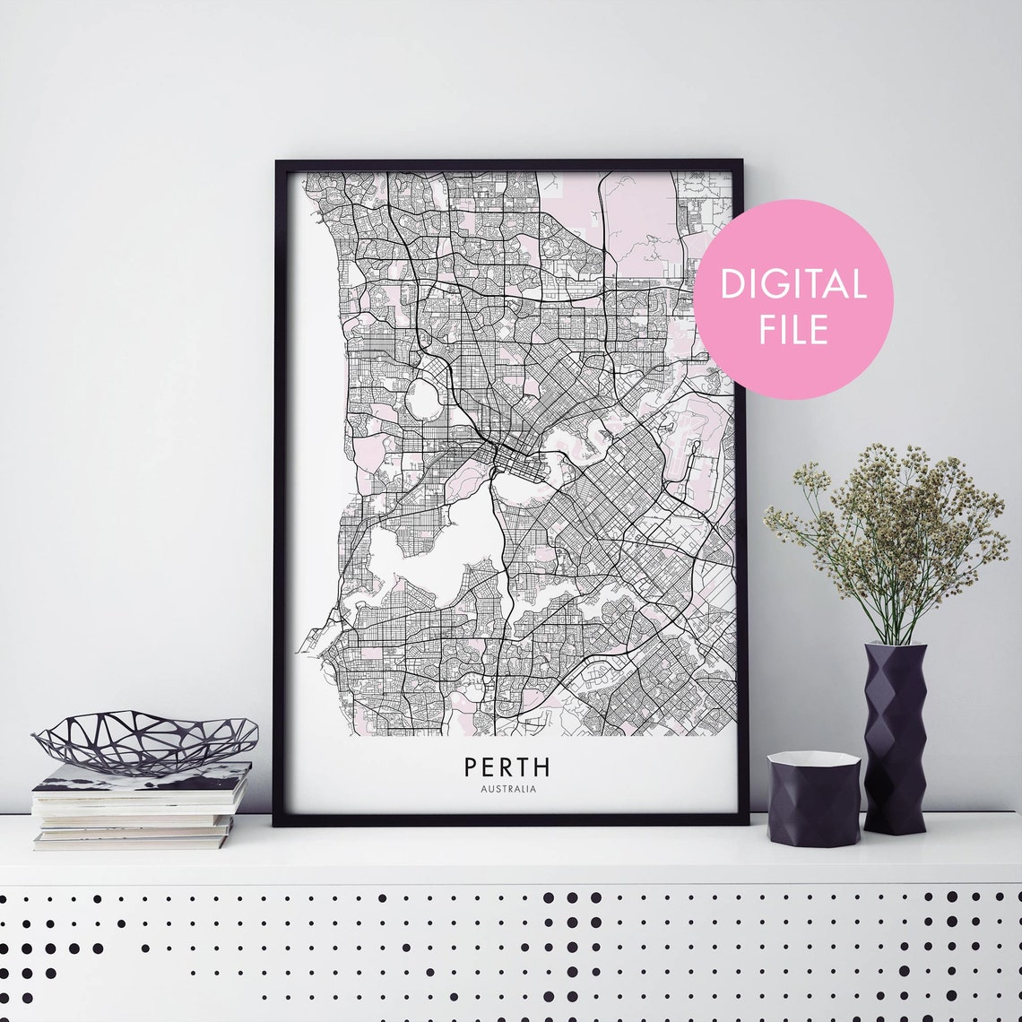 Perth Australia Blush Pink Detailed City Street Map Art Print
