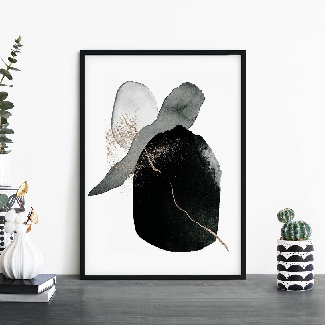 Black Ink and Gold Crack Abstract Modern Minimalist Decor Poster