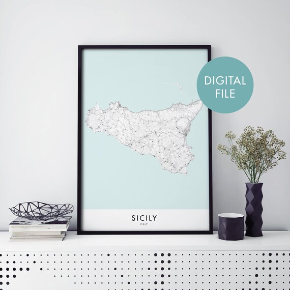 Sicily Italy Minimalist Line Road Map Digital Download Poster