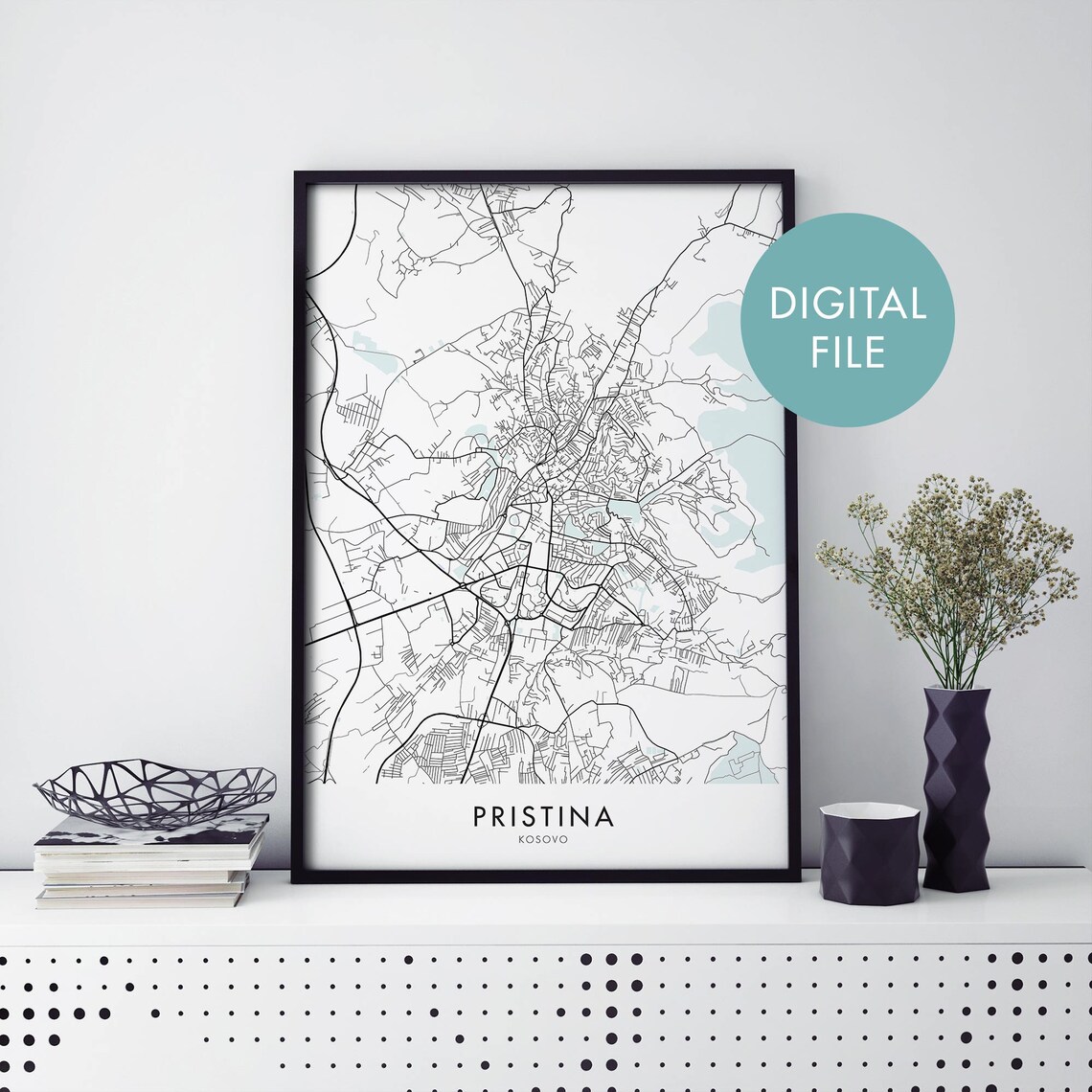 Pristina Kosovo City Street Map Minimalist Black Line Art Poster