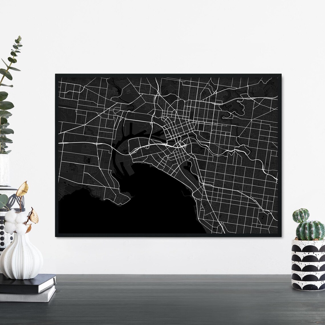 Melbourne City Map Poster, Black Framed Minimalist Australia Street Map Decor
