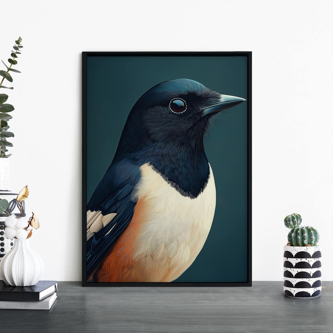 Magpie Portrait On Teal Background Realistic Bird Art Print Decor