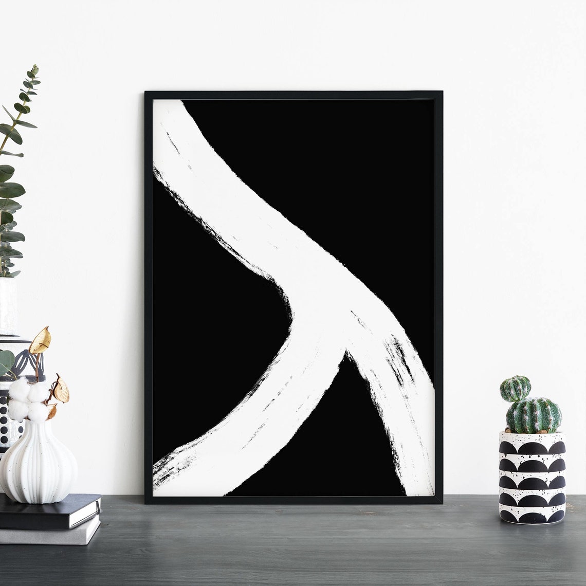 Sweeping White Swoosh Stroke on Black Mono No3 Minimalist Poster