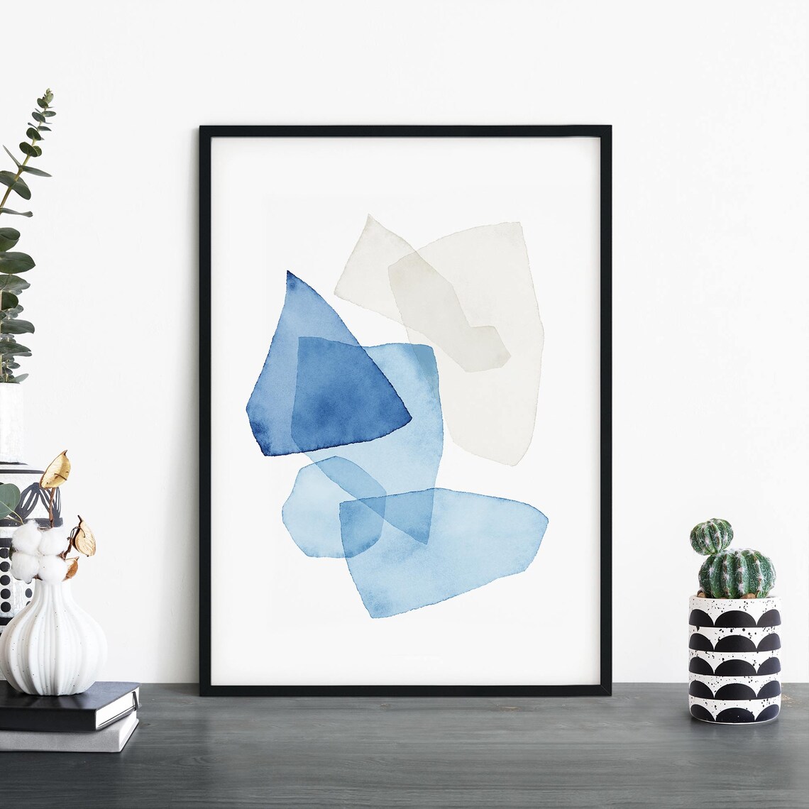 Blue Geometric Watercolor Abstract Shapes Minimalist Art Poster