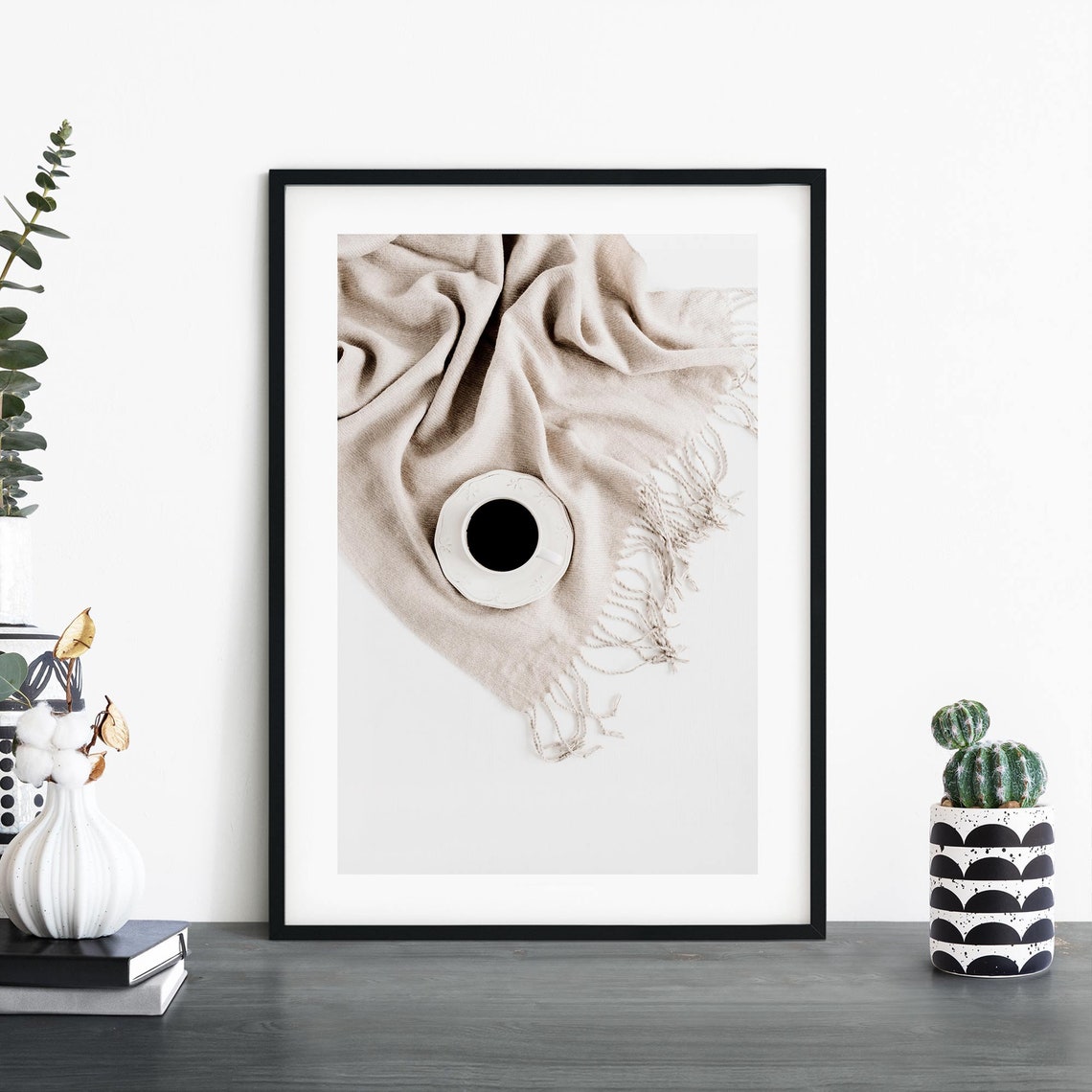 Coffee Cup On Beige Throw Minimalist Morning Still Life Poster