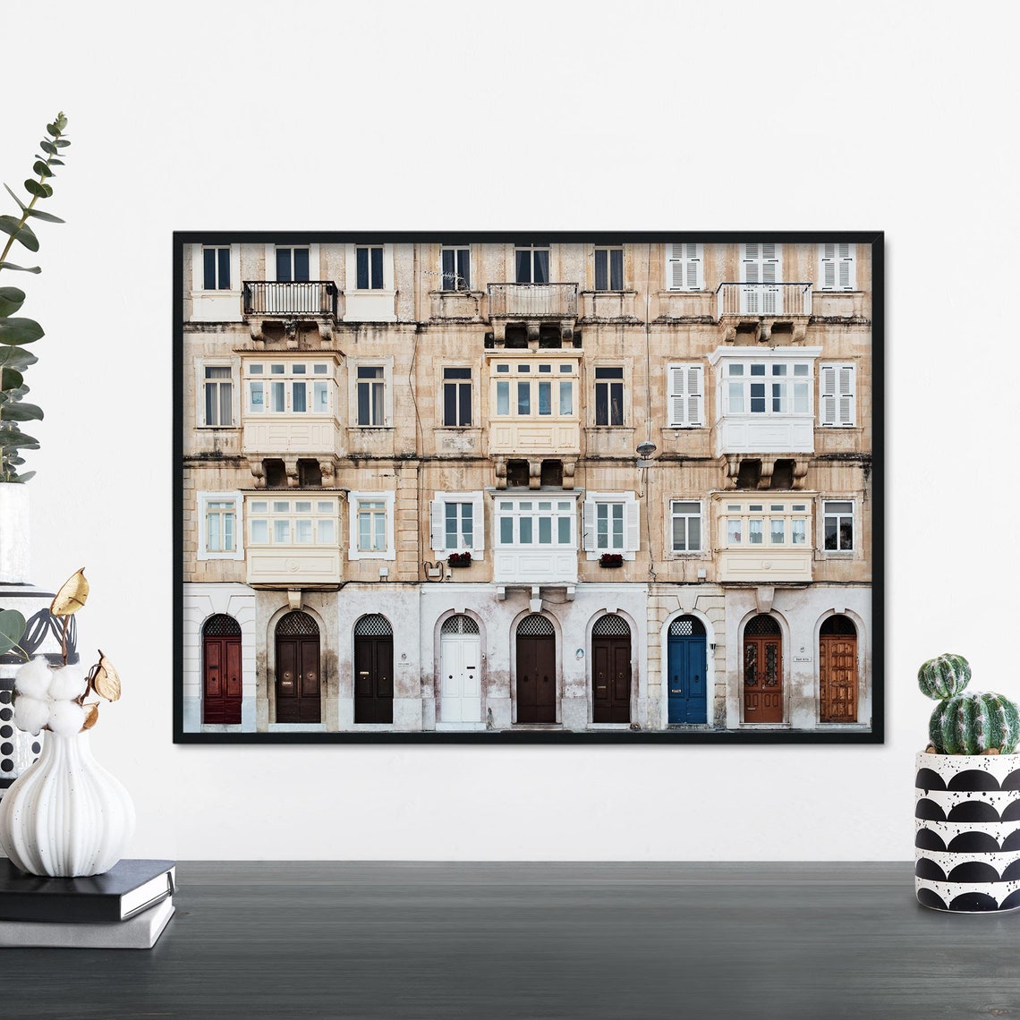 Maltese Balcony Facade Colorful Doors Historic Building Wall Art