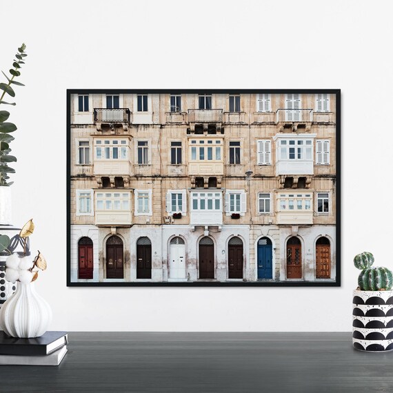 Maltese Balcony Facade Colorful Doors Historic Building Wall Art
