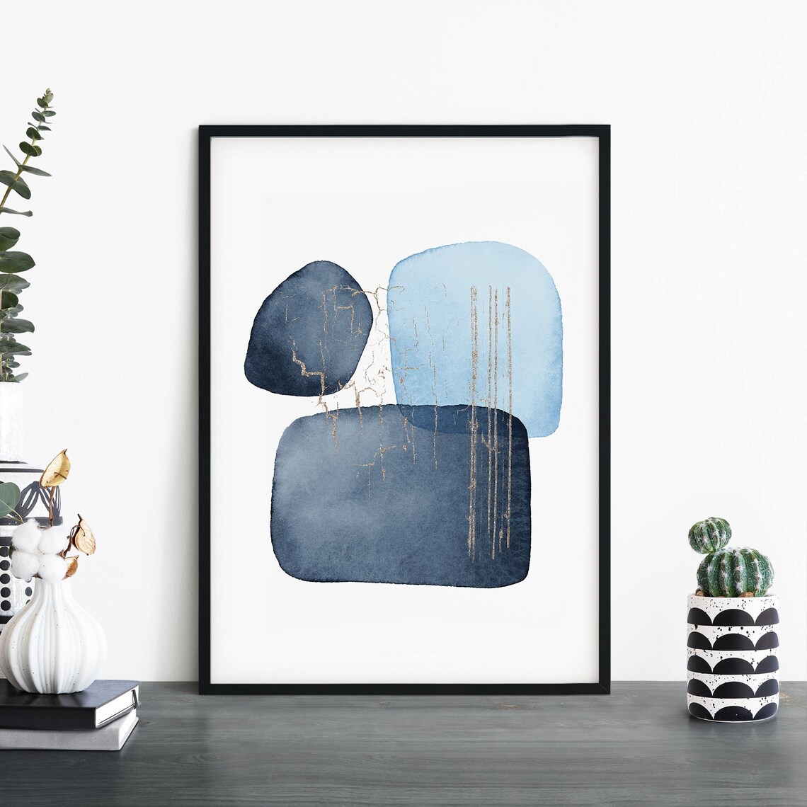 Blue Rounded Watercolor Blocks With Gold Veins Abstract Wall Art