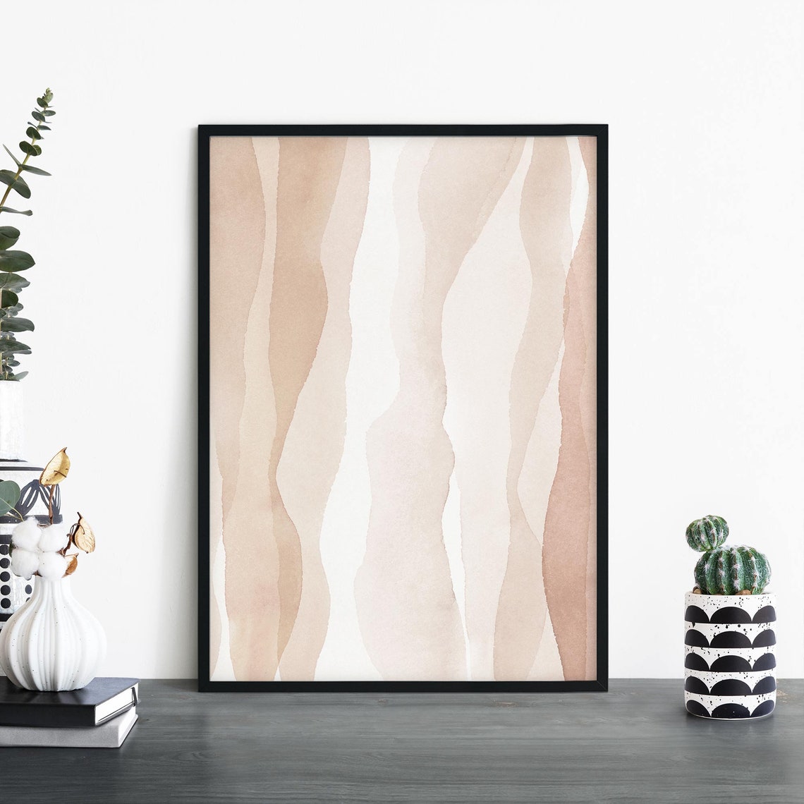 Neutral Beige Wavy Lines Watercolor Abstract Serene Wall Art