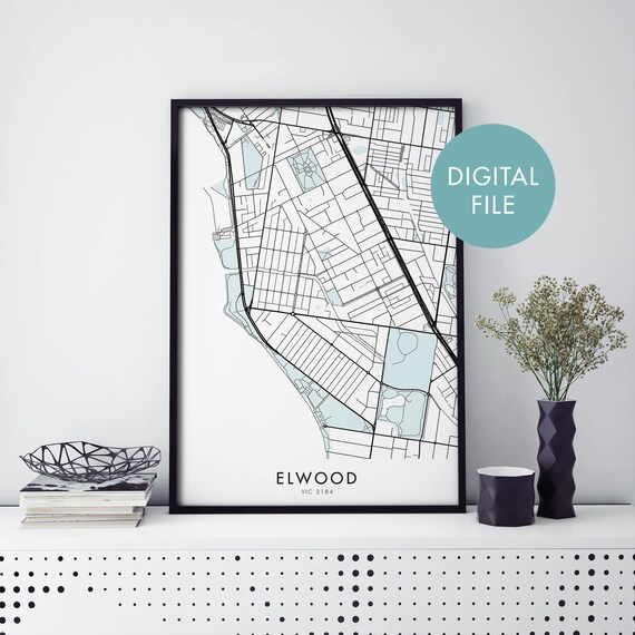 Elwood Melbourne Coastal Suburb Street Map Australia Travel Poster