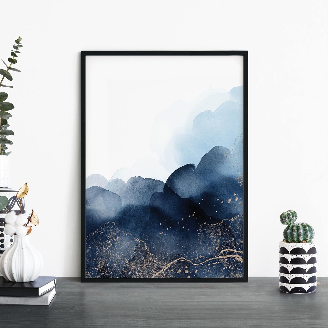 Navy Blue Watercolor Ink Wash With Gold Minimalist Wall Poster