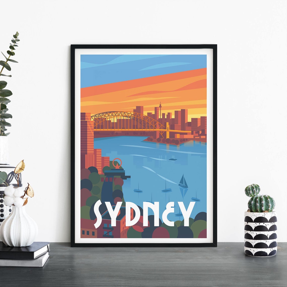 Sydney Harbour Bridge Glowing Orange Sunset Waterfront Poster