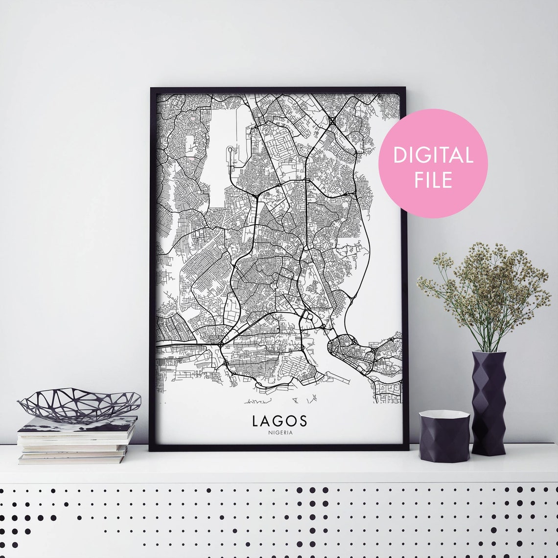 Lagos Nigeria Black And White Line City Map Poster Modern Decor