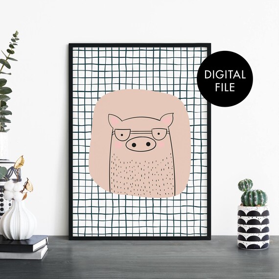 Cute Pig With Glasses Digital Download Kids Nursery Animal Poster